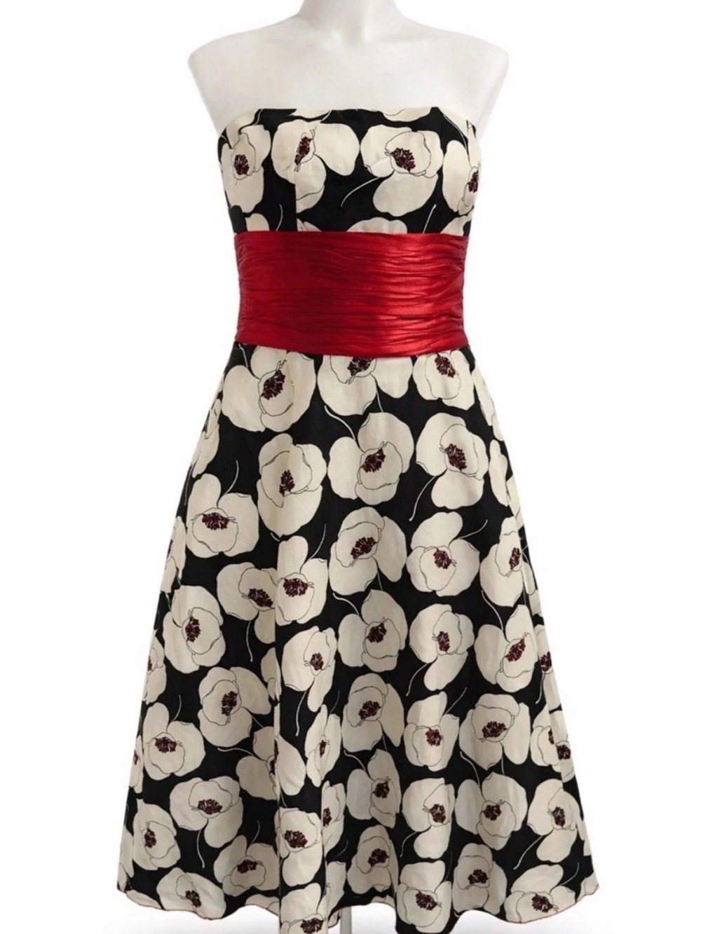 Vintage Strapless Fit Flare Dress Black Ivory Floral Red Waist Size 4 33”